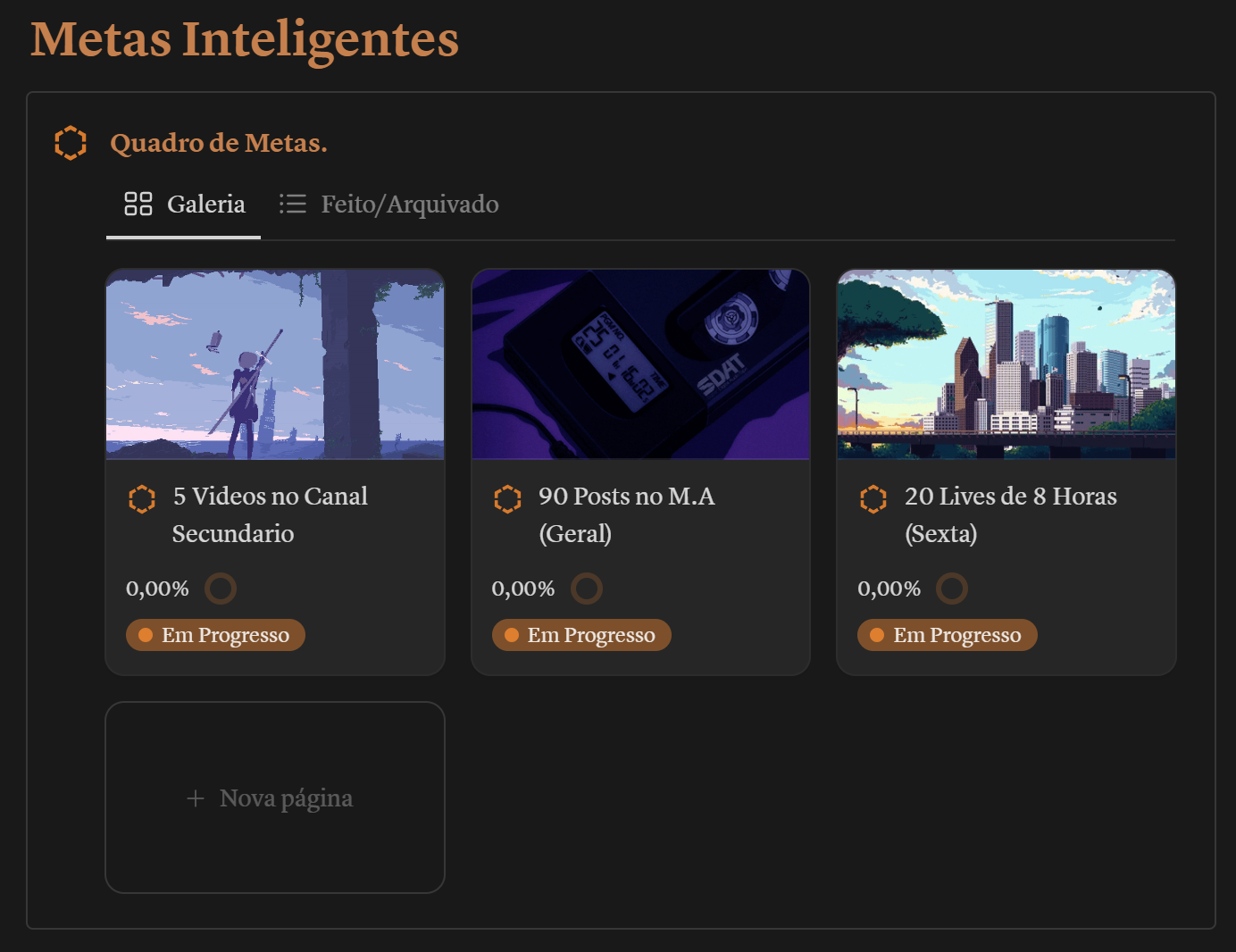 Tela de Metas Inteligentes do Molde no modo escuro, com metas em cartões e barras de progresso